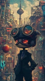 Goggle-headed character stands in dense futuristic cityscape