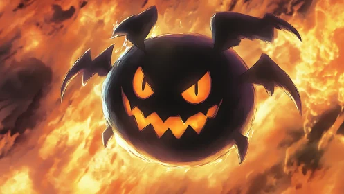 Spherical bat-like demon silhouette glows against infernal sky