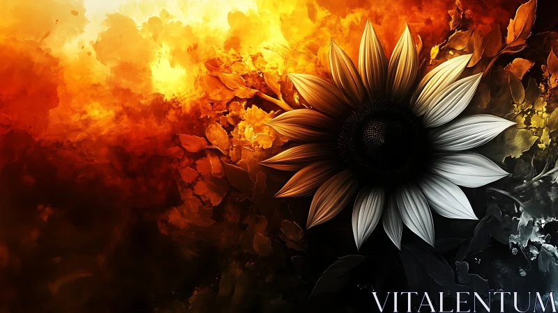 Sunflower in burning dusk with monochrome petals divide.