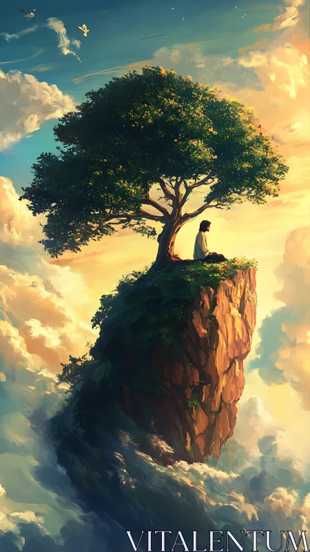 Solitary figure meditating under lone tree on sky cliff.