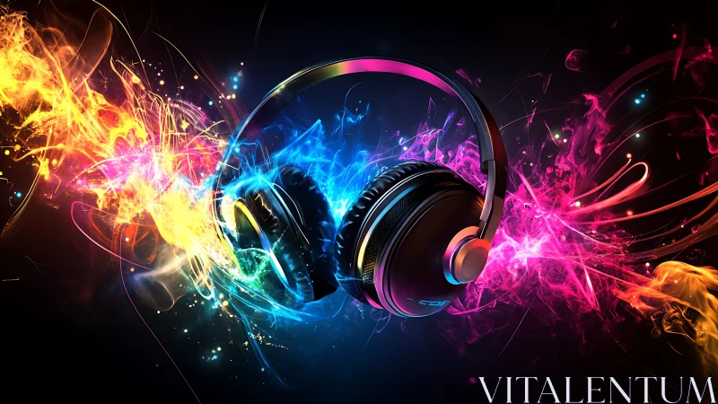 Neon soundwave headphones amid explosive color bursts.