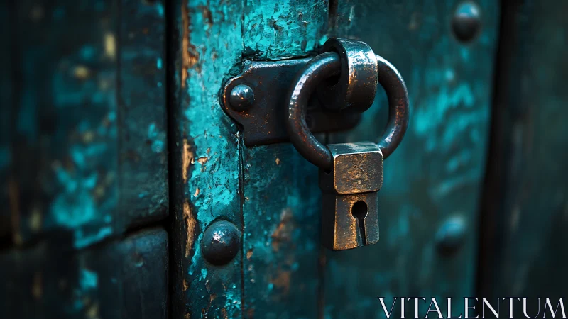 Rusty padlock hangs on distressed turquoise wooden door