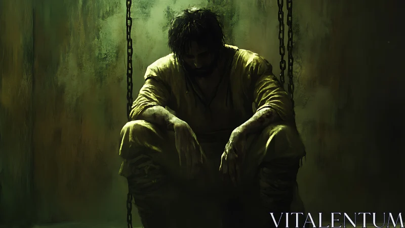 Worn prisoner rests in chains, wrapped in shadowed silence.