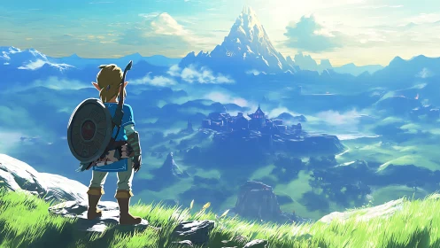 Heroic figure surveys expansive cel-shaded fantasy valley.