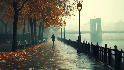 Solitary walk along a misty riverside under autumn lights.
