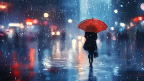 Silhouette with red umbrella in neon city rainstorm at night.