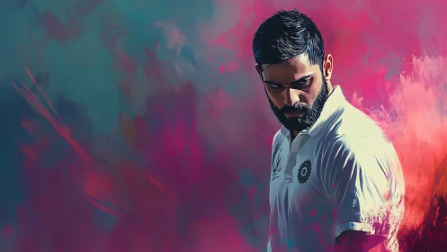 Digital portrait of focused cricketer amid abstract color field