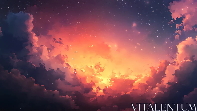 Vivid sunset sky with glowing clouds and scattered stars.