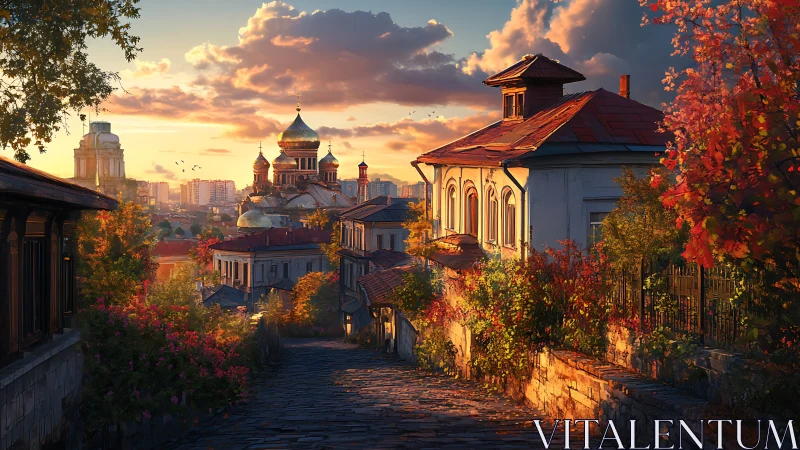 Sunlit old town street descends toward a golden domed skyline