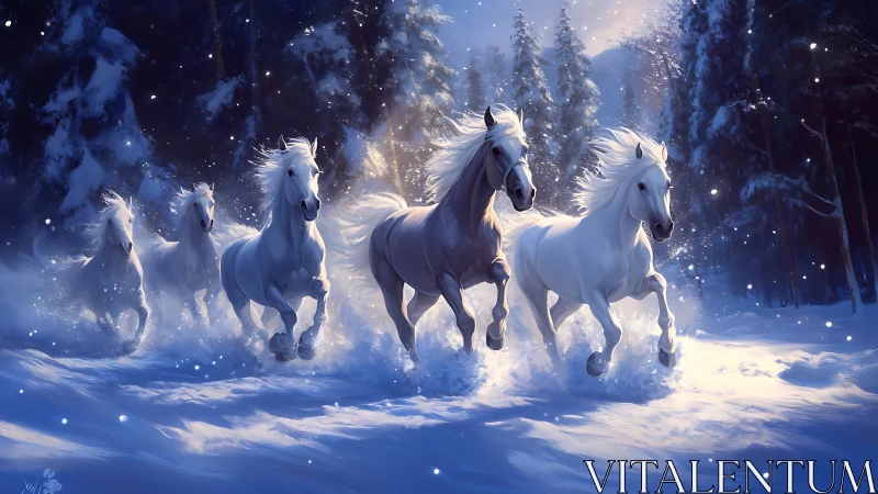 Five white horses running through snowy forest terrain.