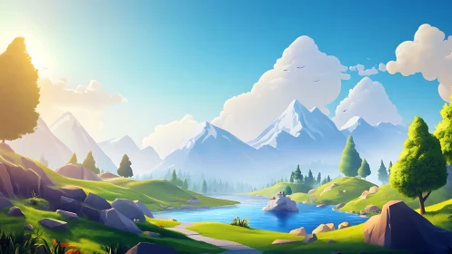 Bright stylized mountain landscape with river and valley.
