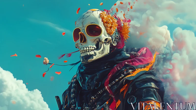 Cybernetic skull nomad with floral plume amid drifting clouds