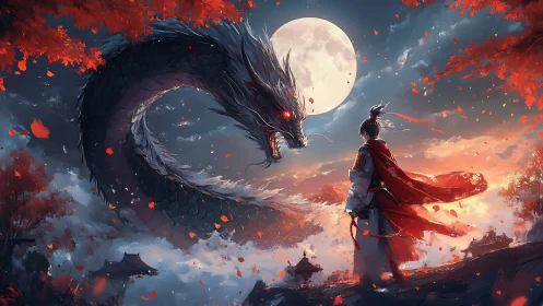 Human figure observes coiling dragon silhouette under full moon