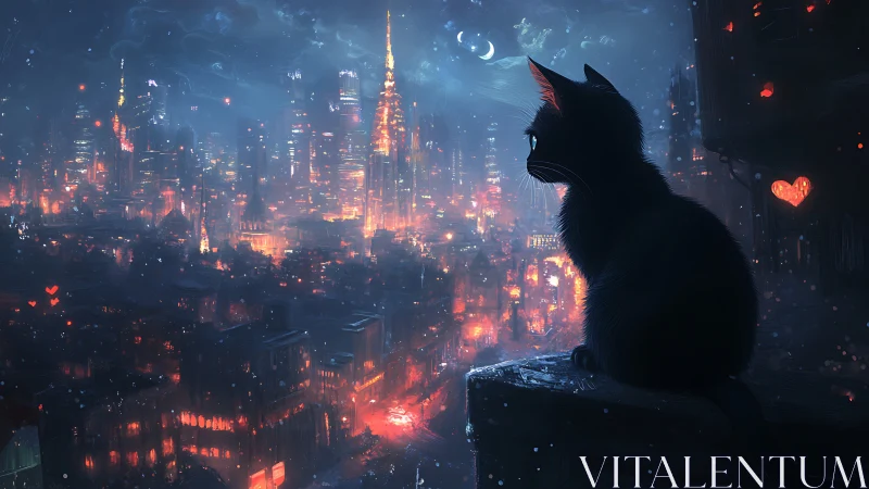 Silhouetted Cat Overlooking Neon Nighttime Metropolis.