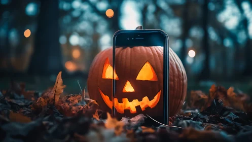 Glowing jack o’lantern smiles through a smartphone frame