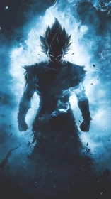 Silhouetted energy warrior emerges in electric cyan aura