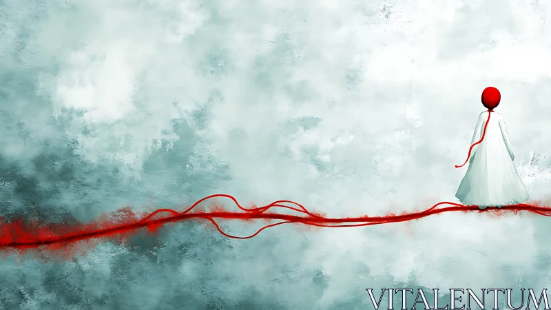 Scarlet thread escorts the quiet wanderer across pale sky