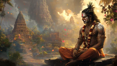 Meditating warrior monk before ancient temple complex.