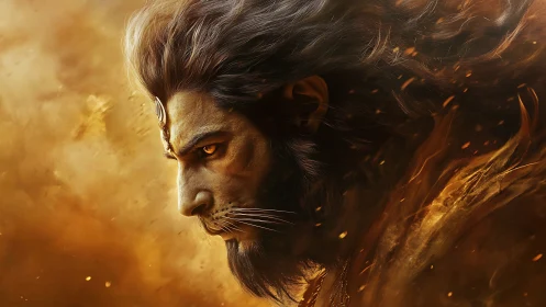 Lion-headed humanoid profile in fiery atmospheric field.