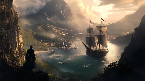 Cloaked wanderer watches tall ship enter misty mountain bay