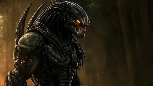 Armored alien creature profile in dim forest setting.