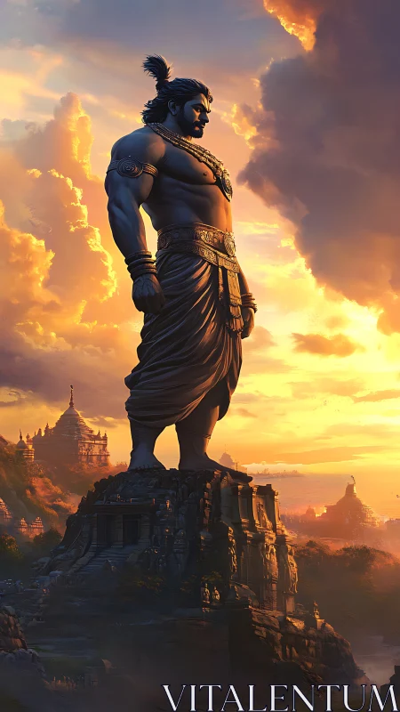Mythic warrior statue above temples at dramatic sunset.