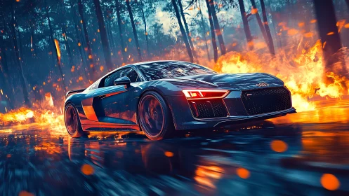 Sports car on wet road with surrounding forest fire scene.