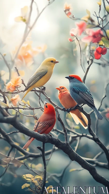 Colorful songbirds on blossom branches in soft bokeh light.