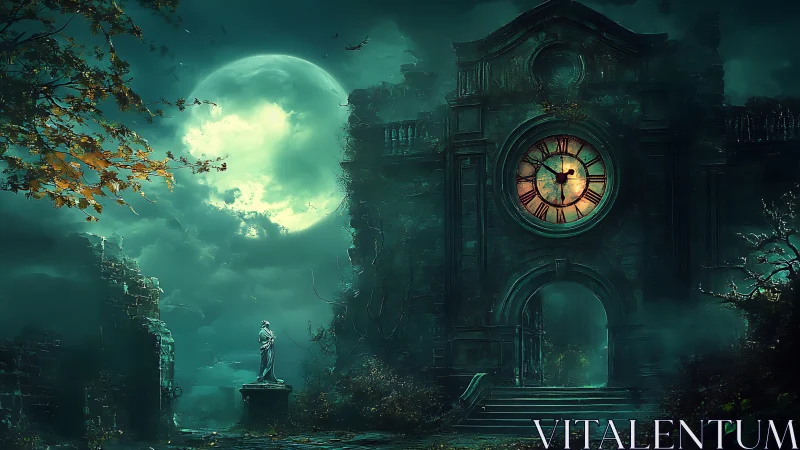 Moonlit ruined clocktower renders atmospheric nocturnal depth