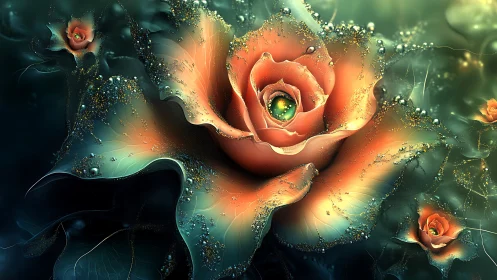 Iridescent digital roses with glowing abstract petals.