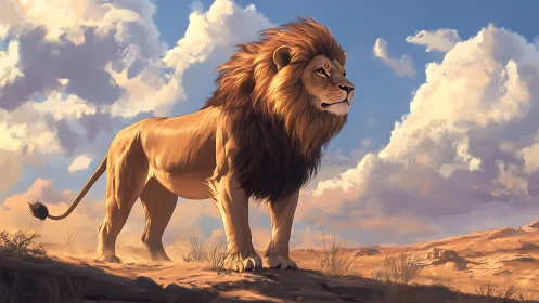 Digital painting of a regal lion under expansive desert sky.