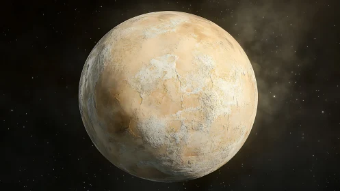 Desert-colored rocky planet with cracked surface in space.