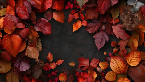 Autumn leaves frame around dark textured background.