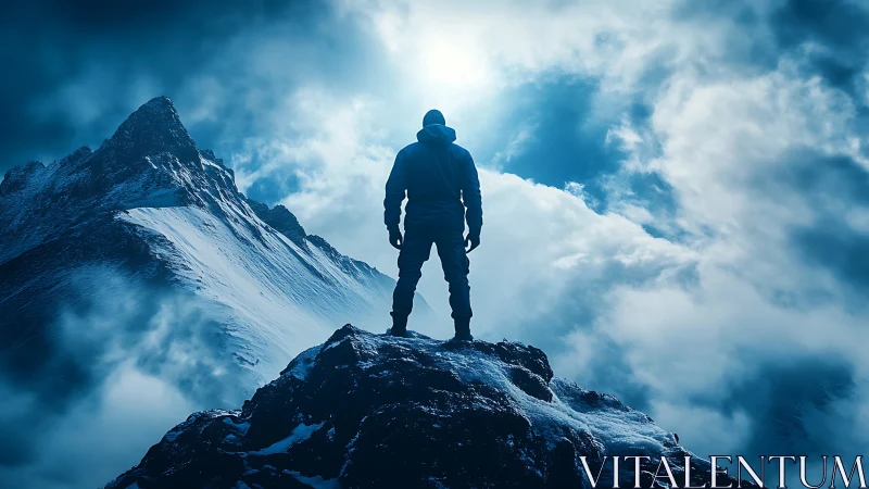 Solitary climber stands on icy summit under storm-bright sky
