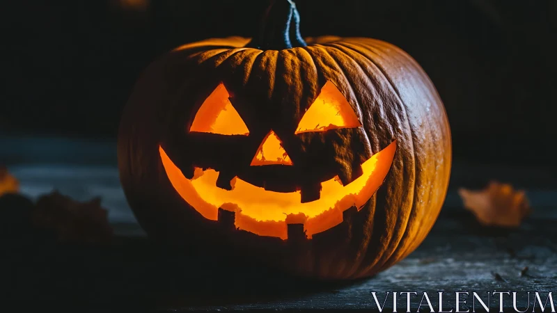 Carved jack o lantern pumpkin glowing on dark table.