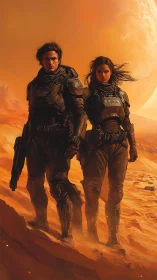 Armored explorers walk windswept dune under looming planet