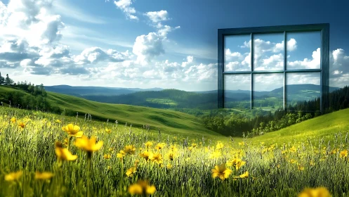 Glass-framed window structure over green hills landscape.