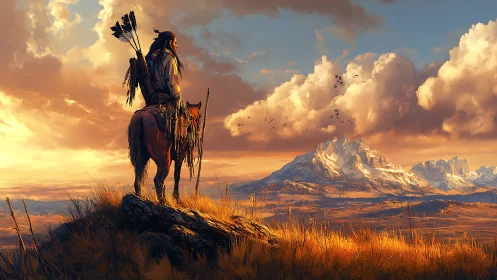 Warrior on horseback surveying sunlit mountain frontier.