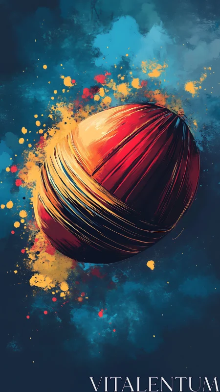 Vibrant wrapped sphere floats amid explosive color splashes