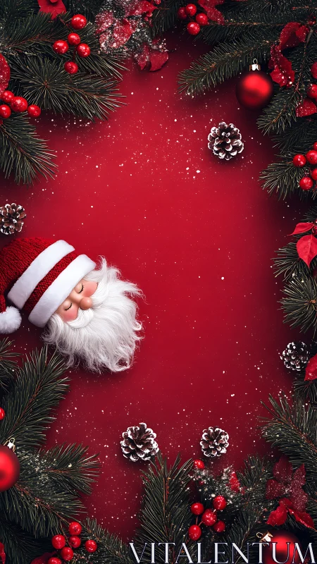 Vertical red Christmas layout with Santa doll and pine framing