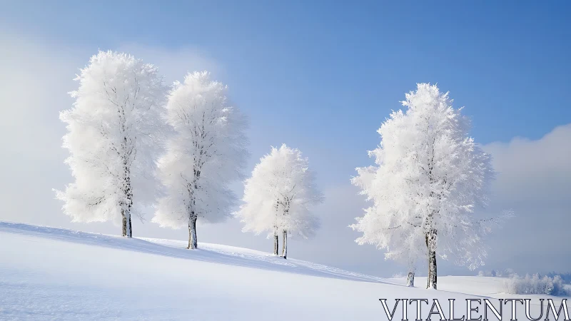 Frosty sentry trees guarding a hush-bright winter hillside.