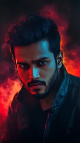 Smoldering neon portrait of a brooding man in searing light.