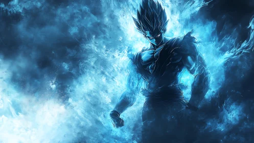 Blue energy warrior stands within a blazing cosmic aura.