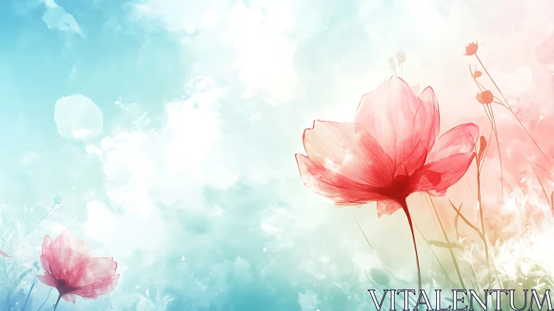 Ethereal Red Cosmos Flowers Against Aquamarine Sky.