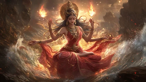 Fiery goddess figure meditates amid storming ocean waves.