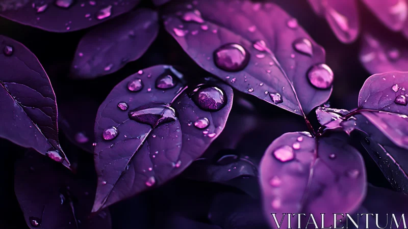 Macro study of violet foliage with raindrops in bokeh light