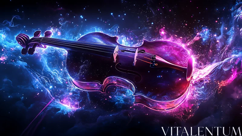 Electric neon violin floating in glowing cosmic space.
