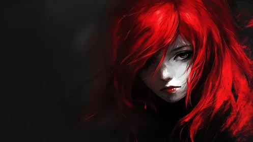 Red haired anime girl in dark minimalist composition.