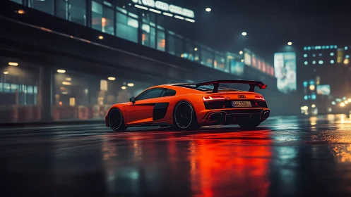 Orange sports coupe on wet city street at night in rain.