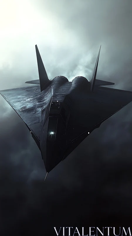 Stealth aircraft with angular wings in overcast sky.